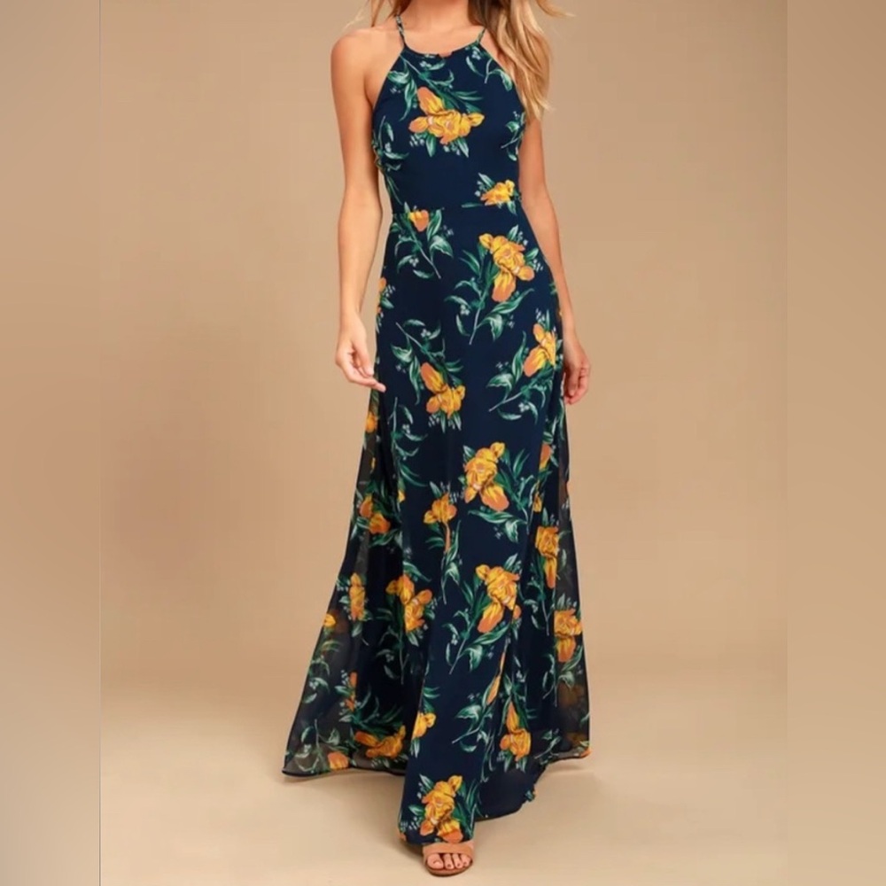 Lulu's Navy and Orange Floral Maxi Dress